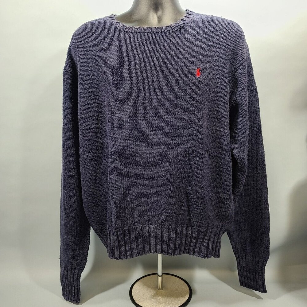 Polo Ralph Lauren Blue Cotton Sweater Mens Size Large Rugged Well Worn Look